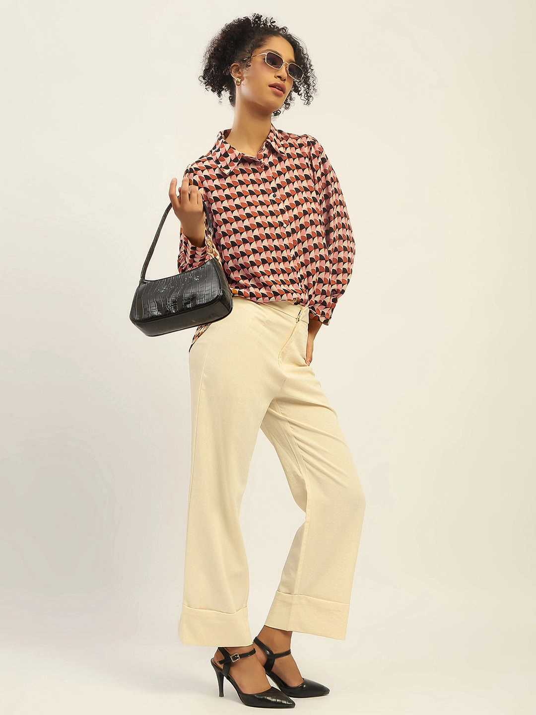 Madame Geometric Printed Rust And Brown Shirt Sophisticated Elegance Simple Style