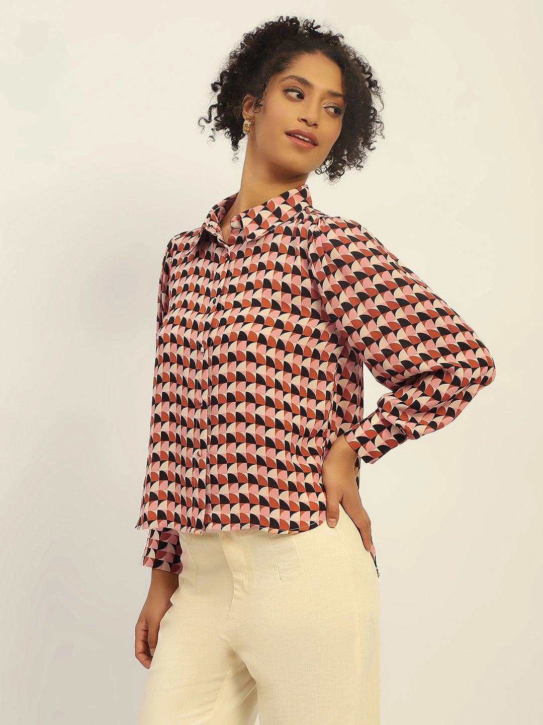 Madame Geometric Printed Rust And Brown Shirt Round Collar