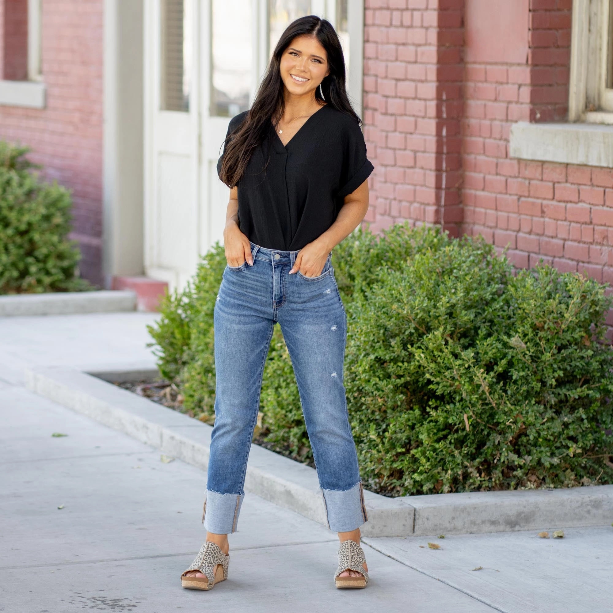 Eco Friendly Date Night Lifestyle Choice VERVET Blissful Reflections High Rise Cuffed Crop Straight Jeans Medium Blue