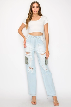 Classic Style Common look 40570 Women's HIGH RISE CARGO JEANS W/ FRONT PANEL DESTRUCTION