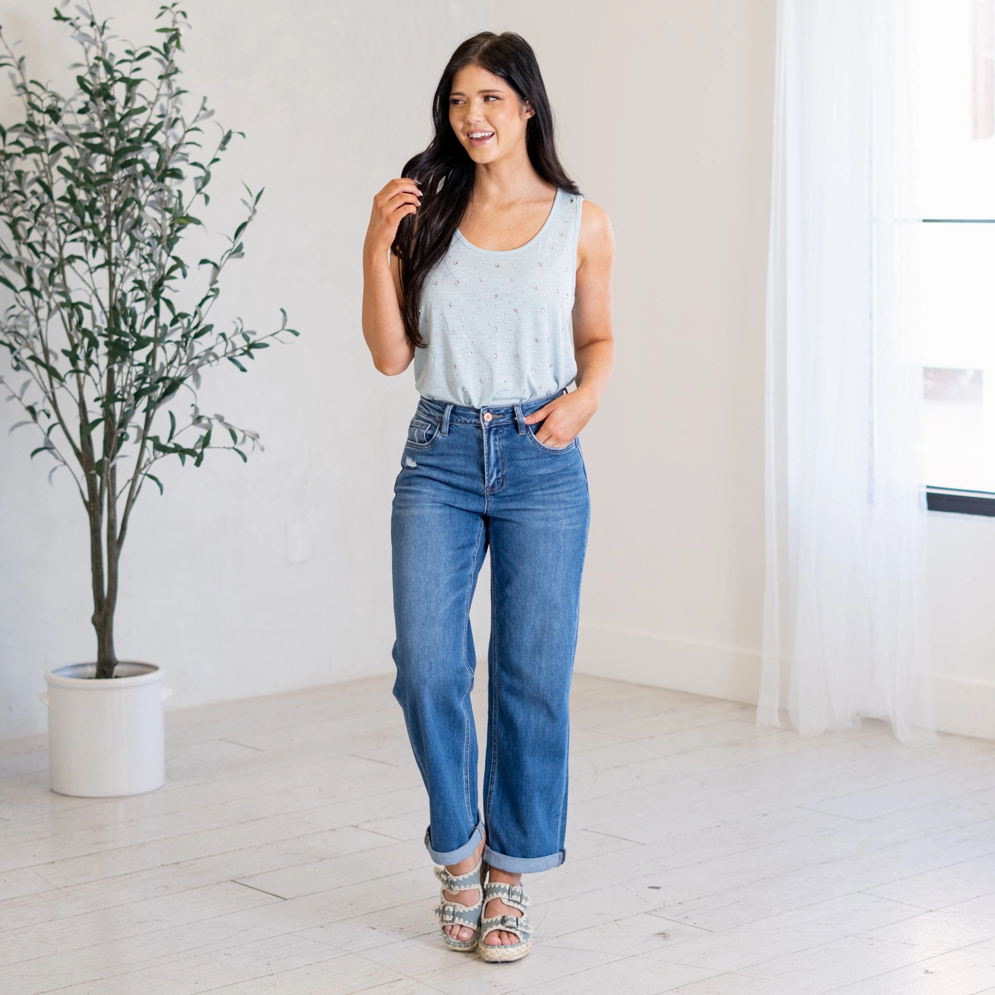 Work Meeting Relaxed Style Ocean Eyes High Rise Cuffed Baggy Straight Leg