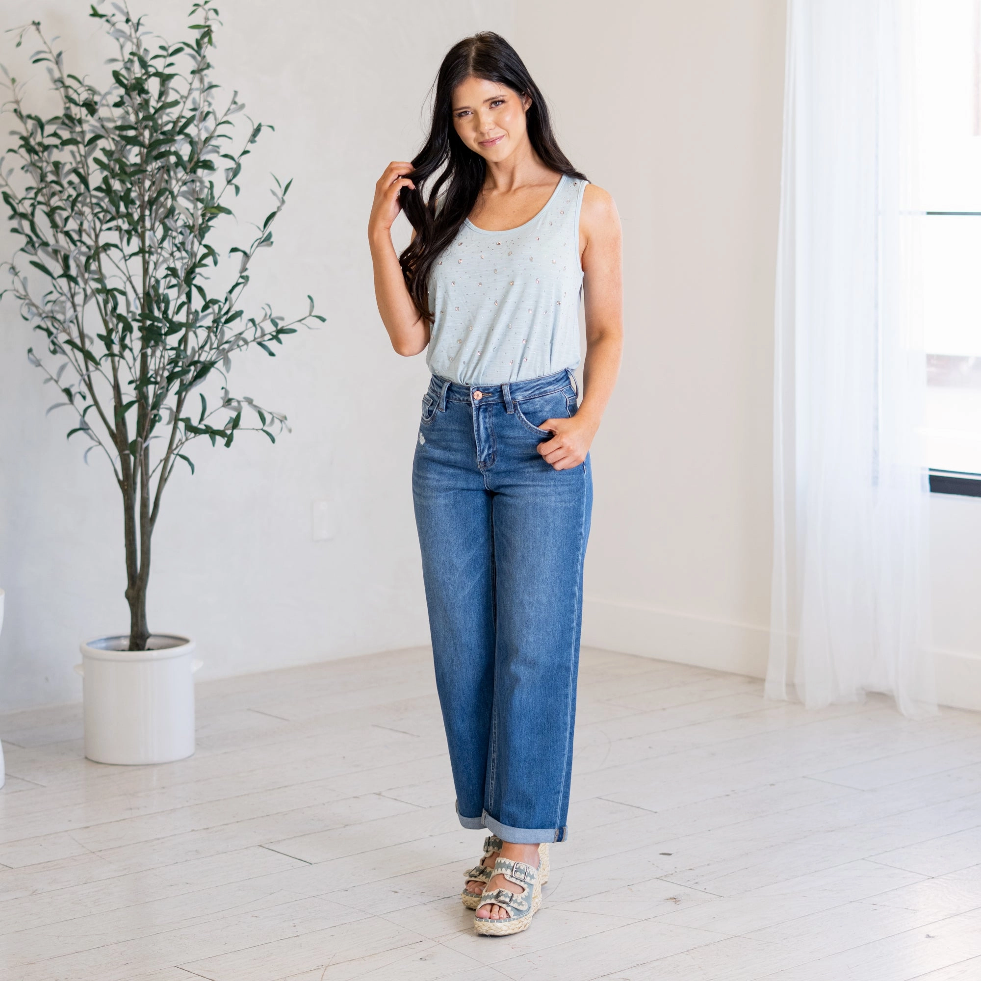 Ocean Eyes High Rise Cuffed Baggy Straight Leg Office Friendly Chic Design Style