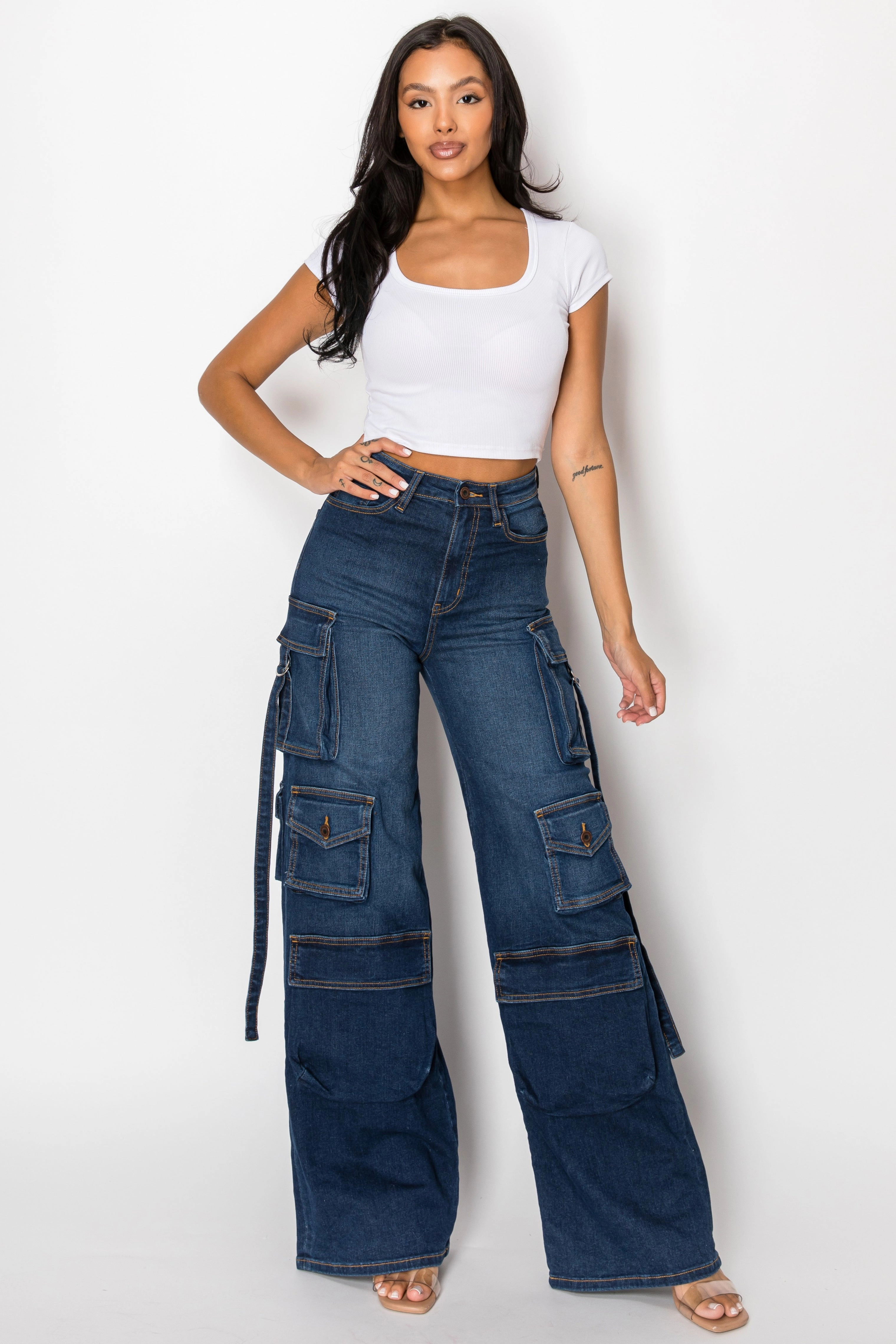 Subtle design Reliable Choice 40777 High Rise Straight Leg Cargo Jeans W/ 3-D Pockets & Hanging Straps