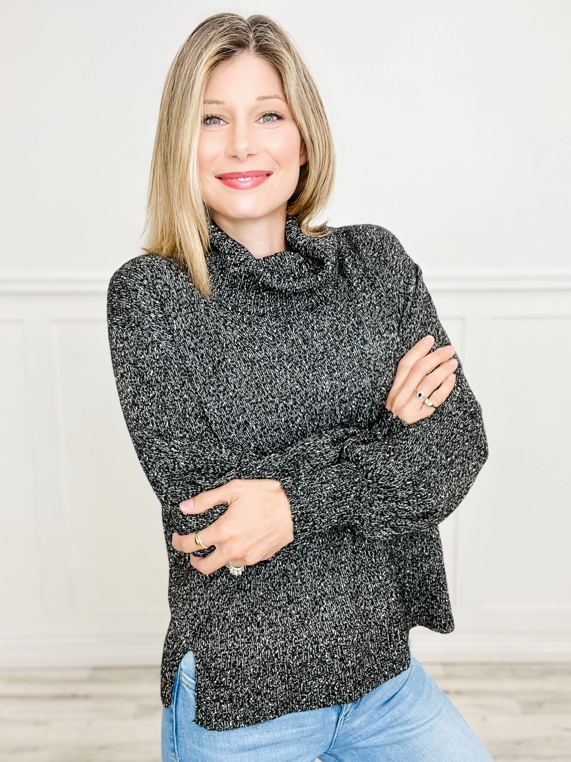 Casual Performance Wear Balloon Sleeve Turtleneck Sweater Top with Side Slits