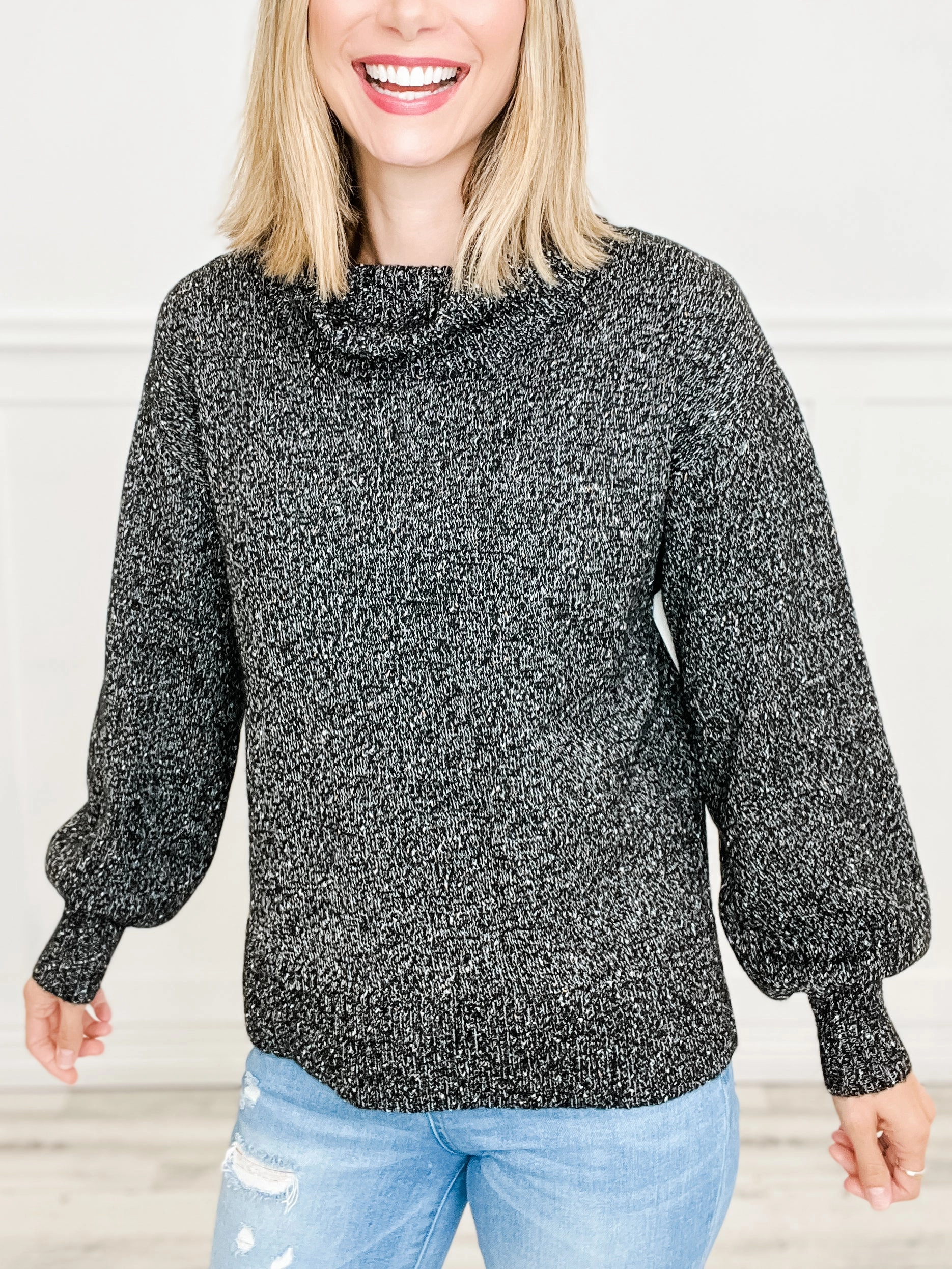 Balloon Sleeve Turtleneck Sweater Top with Side Slits All-Day Wear