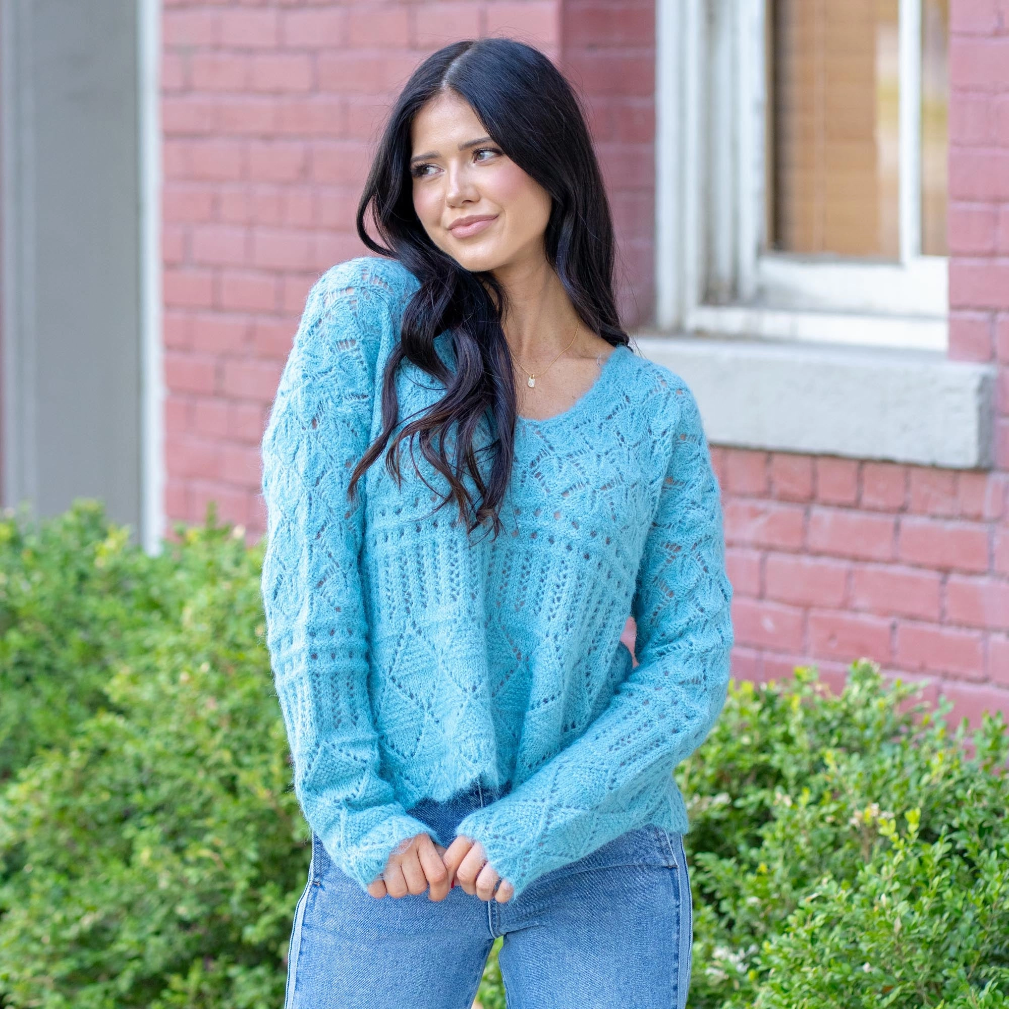 Fashion Statement Hem & Thread Marlowe Open Crochet V-Neck Crop Sweater Aqua