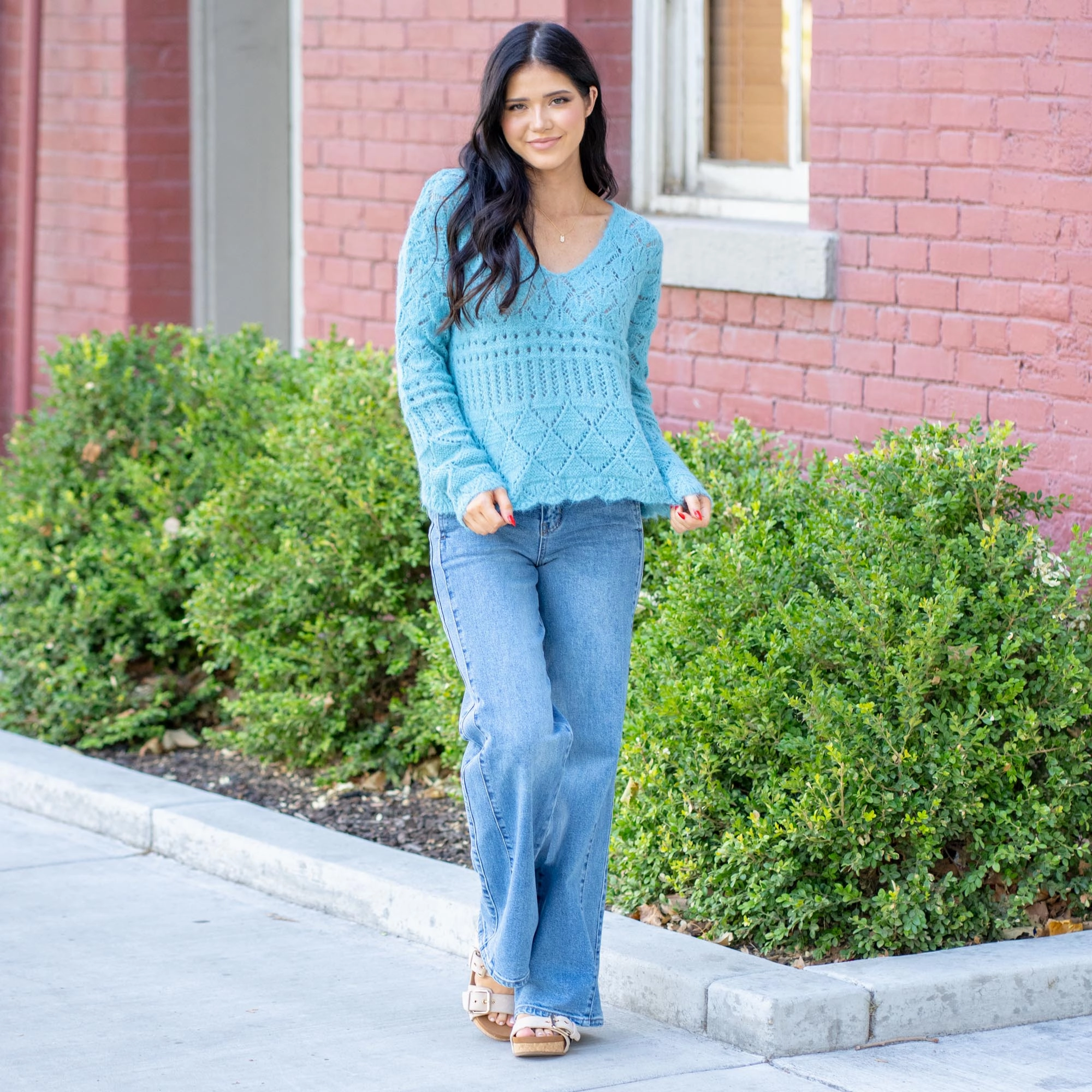 Hem & Thread Marlowe Open Crochet V-Neck Crop Sweater Aqua Ultimate Warmth Casual Styling
