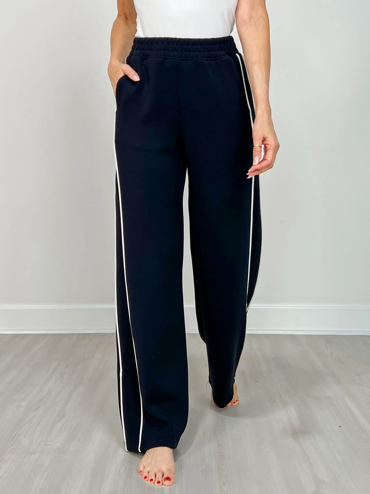 Modal Scuba Stripe Piping Straight Pant in Black Cream Seasonal Wear