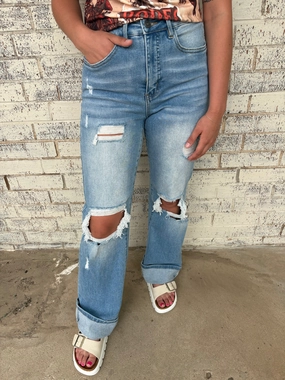 L&B Light Wash High Rise Distressed Bootcut Jeans Relaxed Waist
