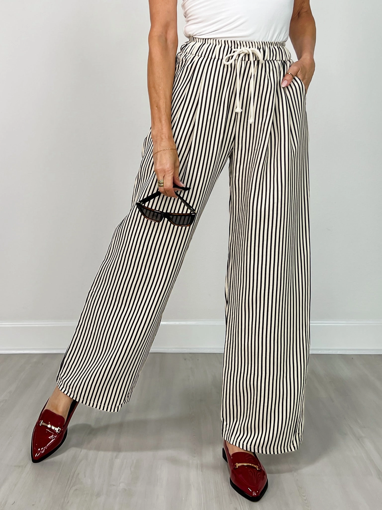 Comfort Control Elastic Waist Tie Stripe Wide Fit Pants
