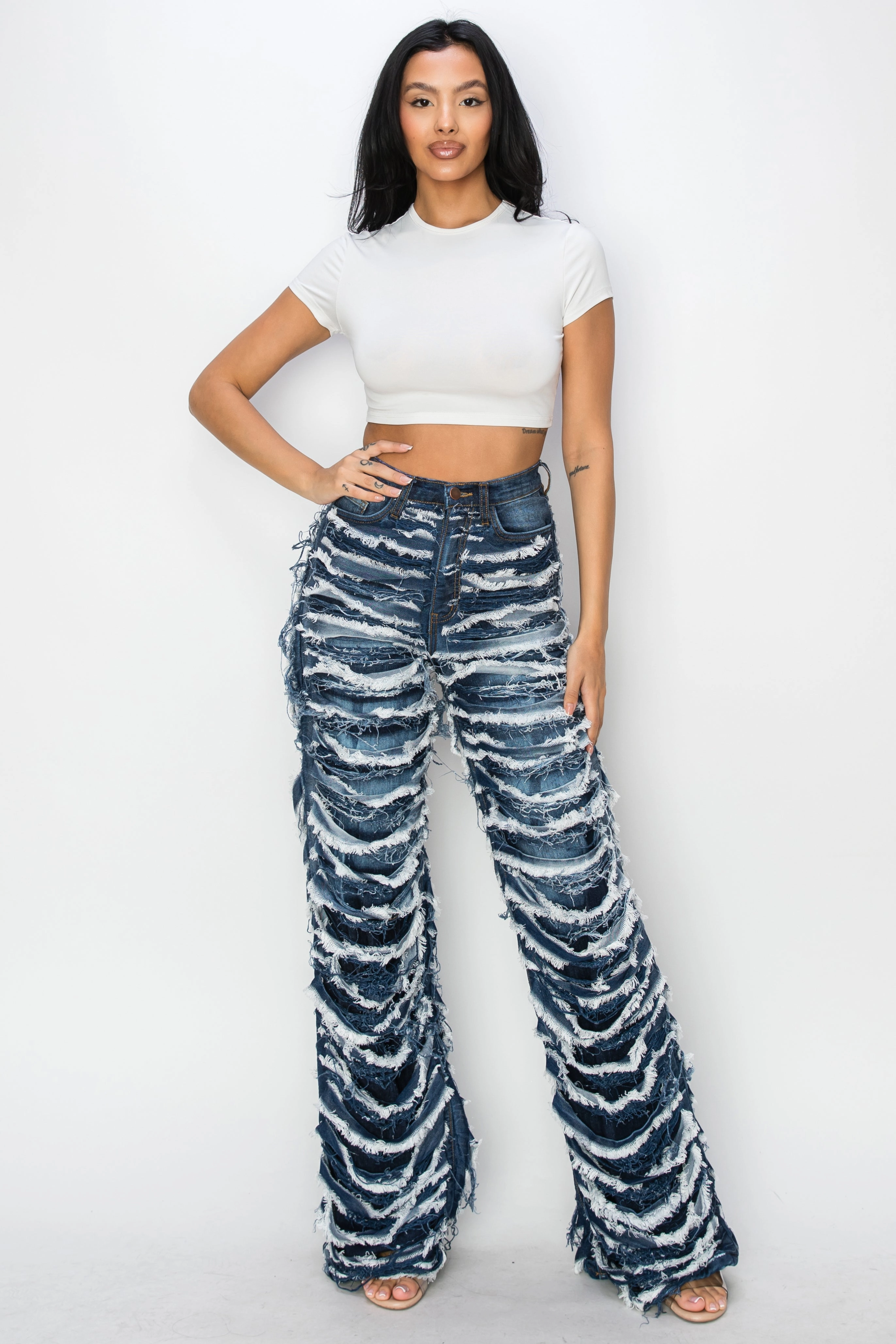 City Walk Weekend Warrior 40793 High Rise Dual Layer Wide Leg Fringed and Frayed Jeans