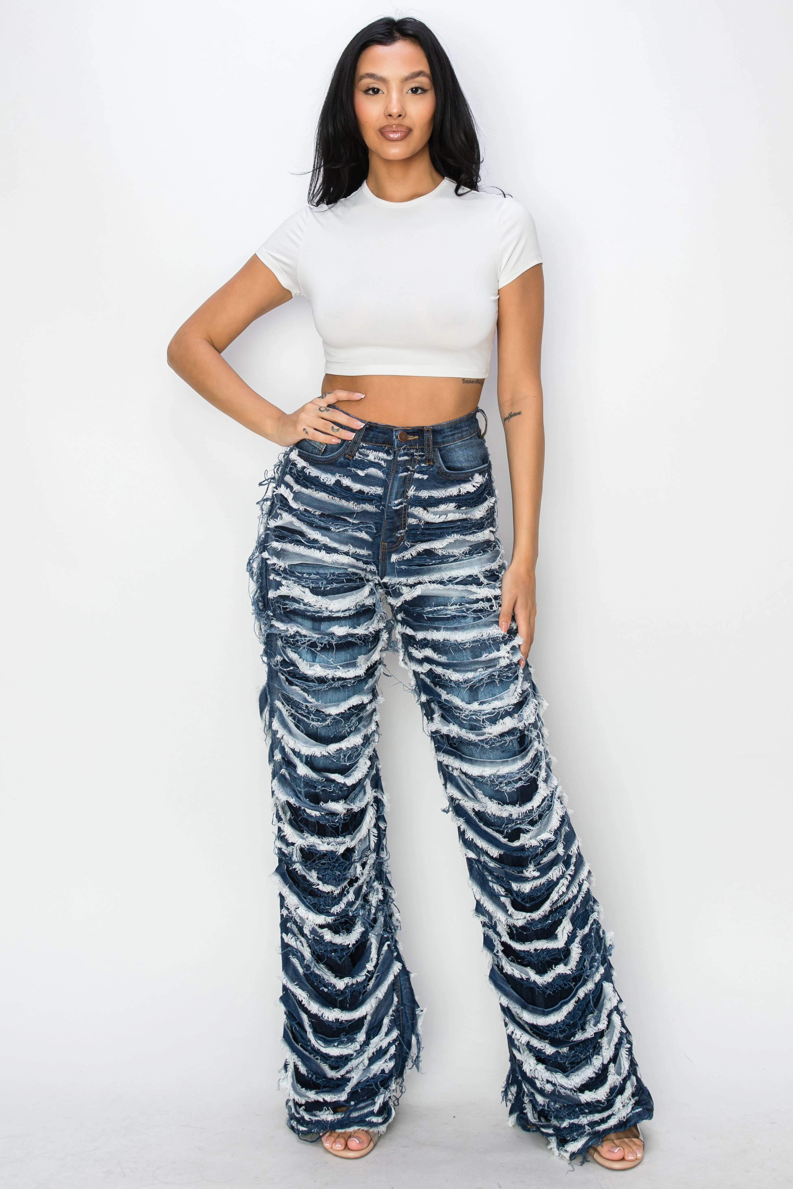 40793 High Rise Dual Layer Wide Leg Fringed and Frayed Jeans Essential Style