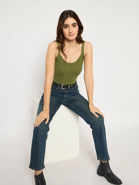 Elegant Minimalist Outdoor Adventure Madame Cotton Blend Stone Wash Straight Fit Tinted Blue Denim Jeans