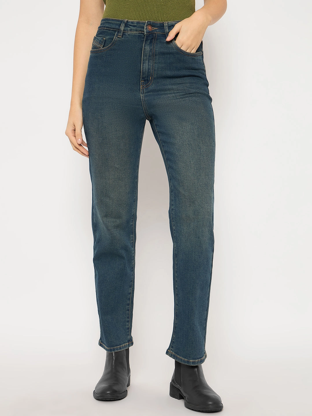 Madame Cotton Blend Stone Wash Straight Fit Tinted Blue Denim Jeans Picnic Style Modern Athlete Fit Modern Autumn Days