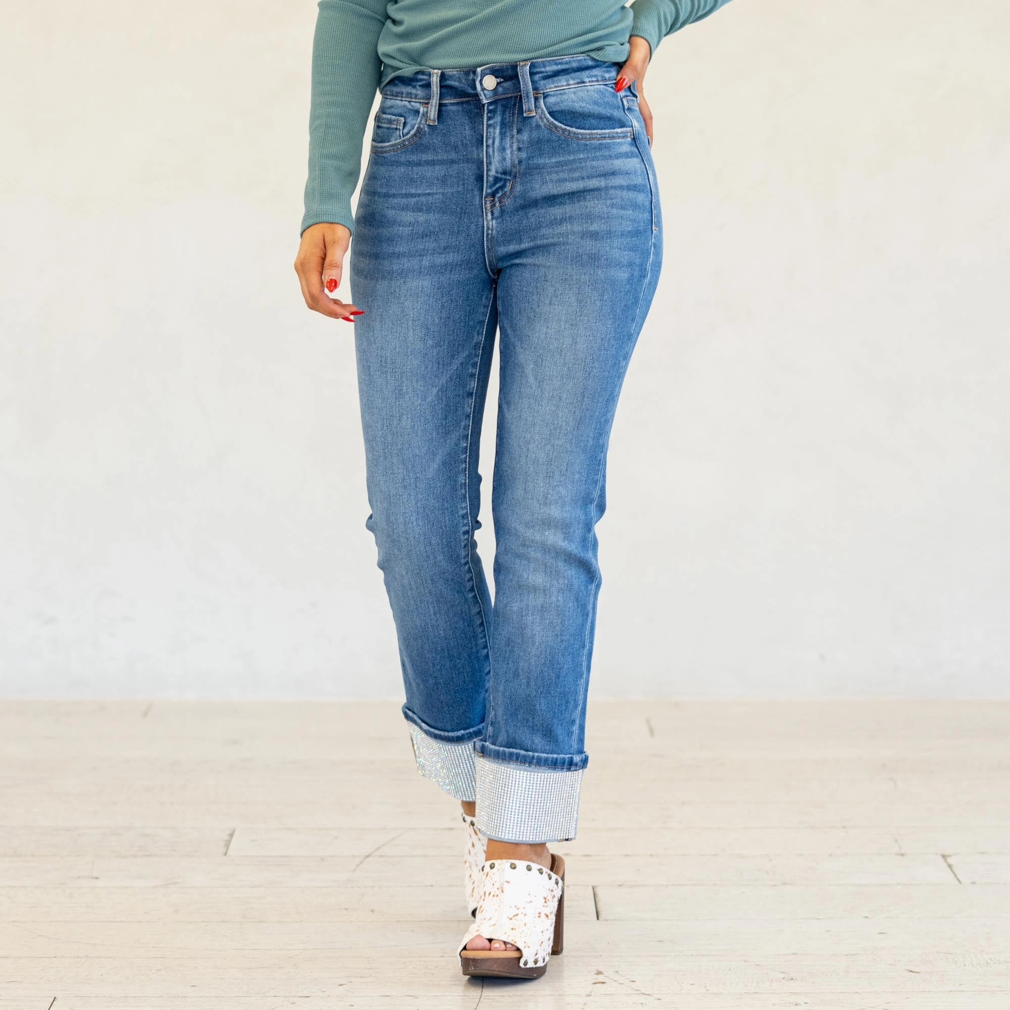 Festival Outfit Date Night Professional Wear Weekend Vibes VERVET Radiant Dream High Rise Rhinestone Cuffed Slim Straight Jeans Medium Blue