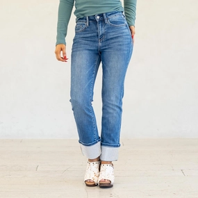 VERVET Radiant Dream High Rise Rhinestone Cuffed Slim Straight Jeans Medium Blue Universal Style