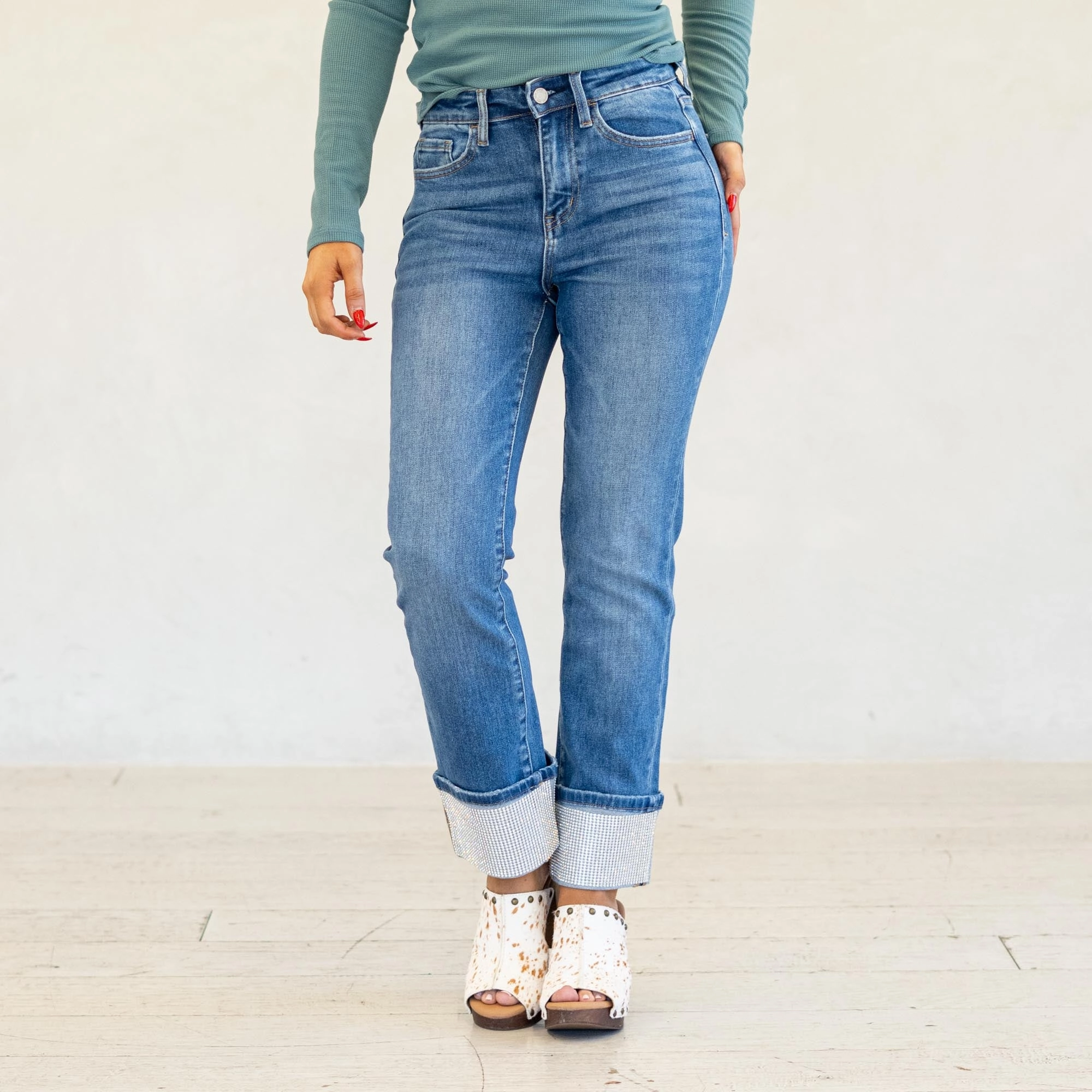 VERVET Radiant Dream High Rise Rhinestone Cuffed Slim Straight Jeans Medium Blue Universal Style