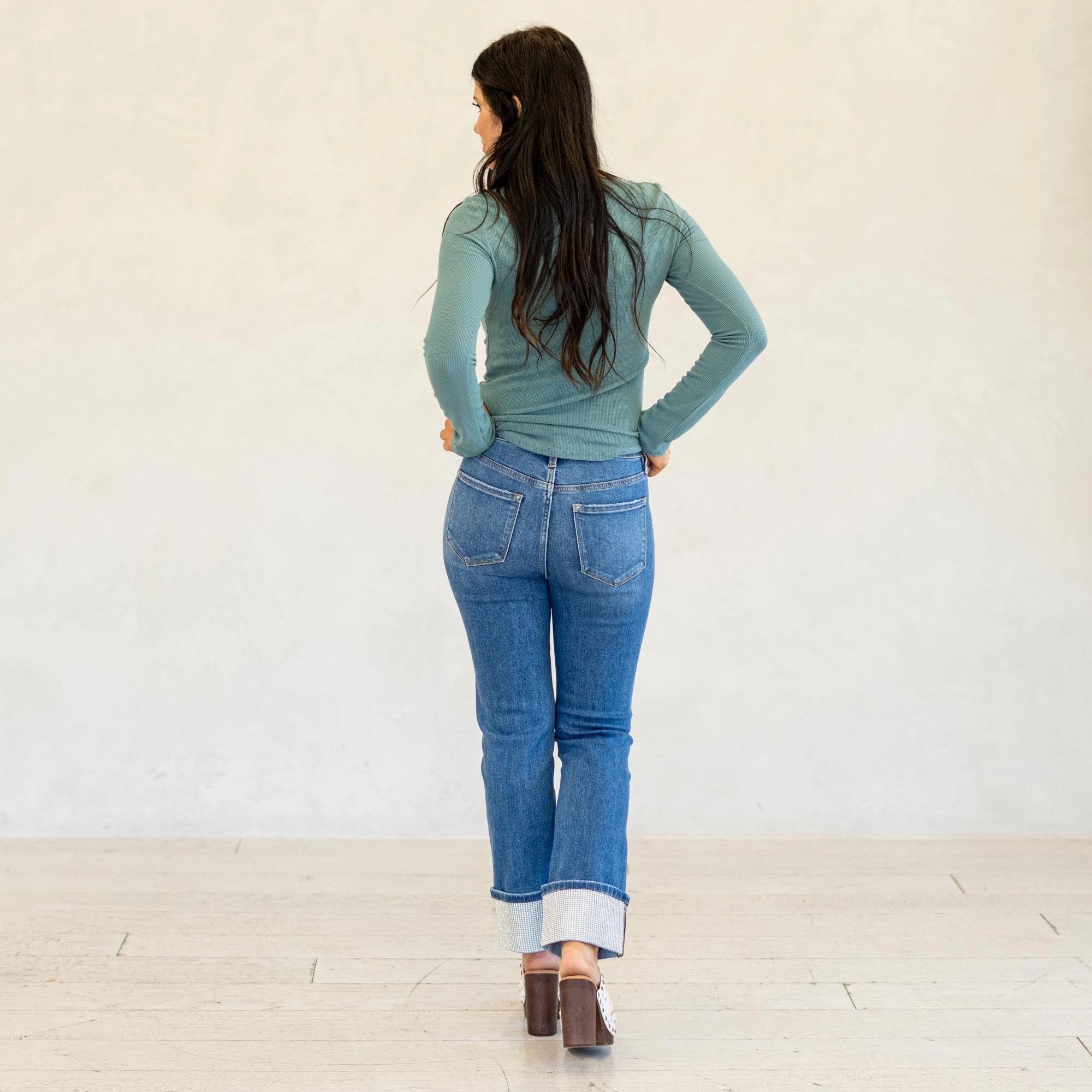 Outdoor Adventure Stylish Brunch Outfit Trend Setter VERVET Radiant Dream High Rise Rhinestone Cuffed Slim Straight Jeans Medium Blue