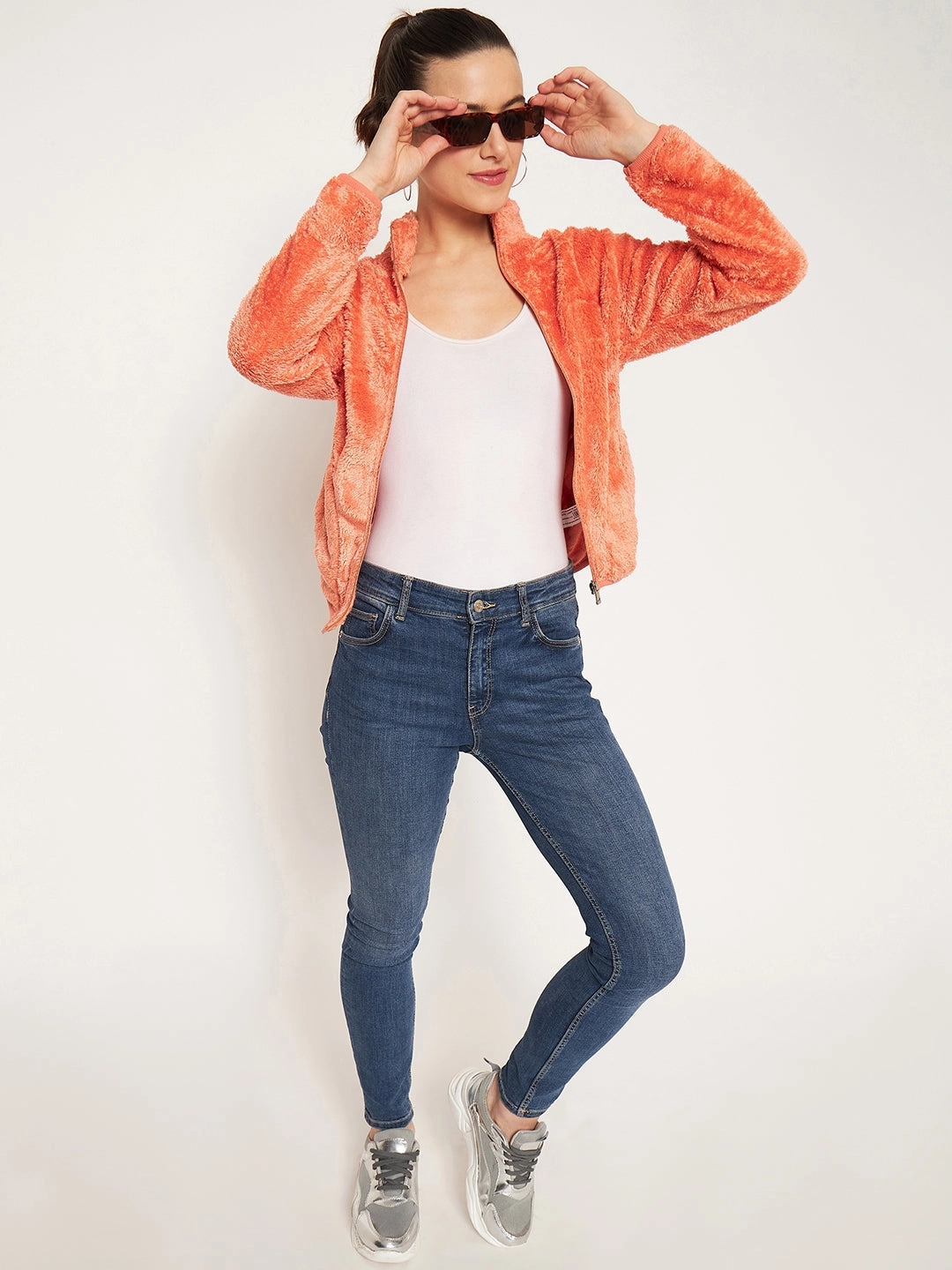 Warm Comfort stud accents Madame Light Orange High Neck Sweatshirt