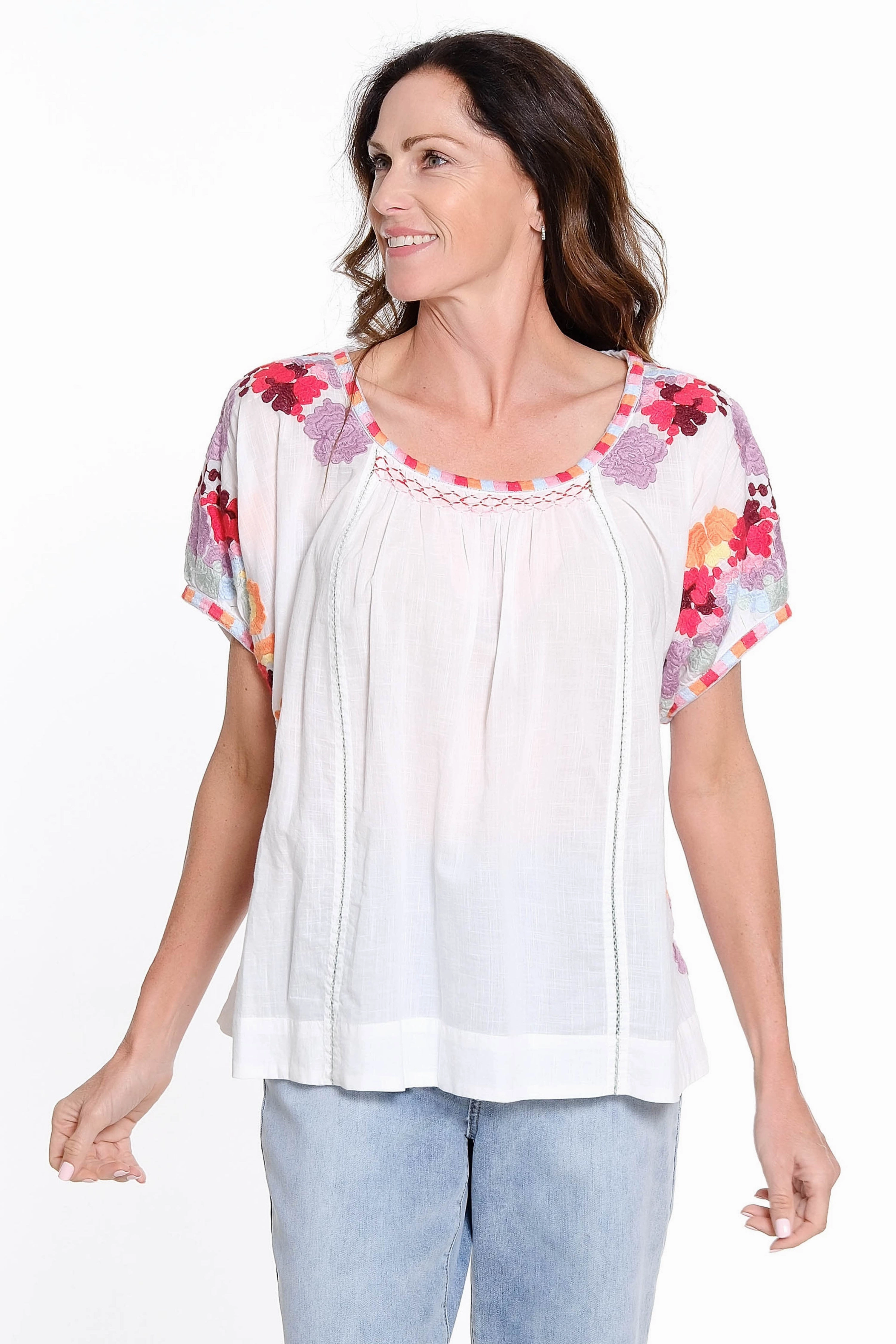Embroidered Short Sleeve Blouse - White RollUpSleeves OdorResistant Technology