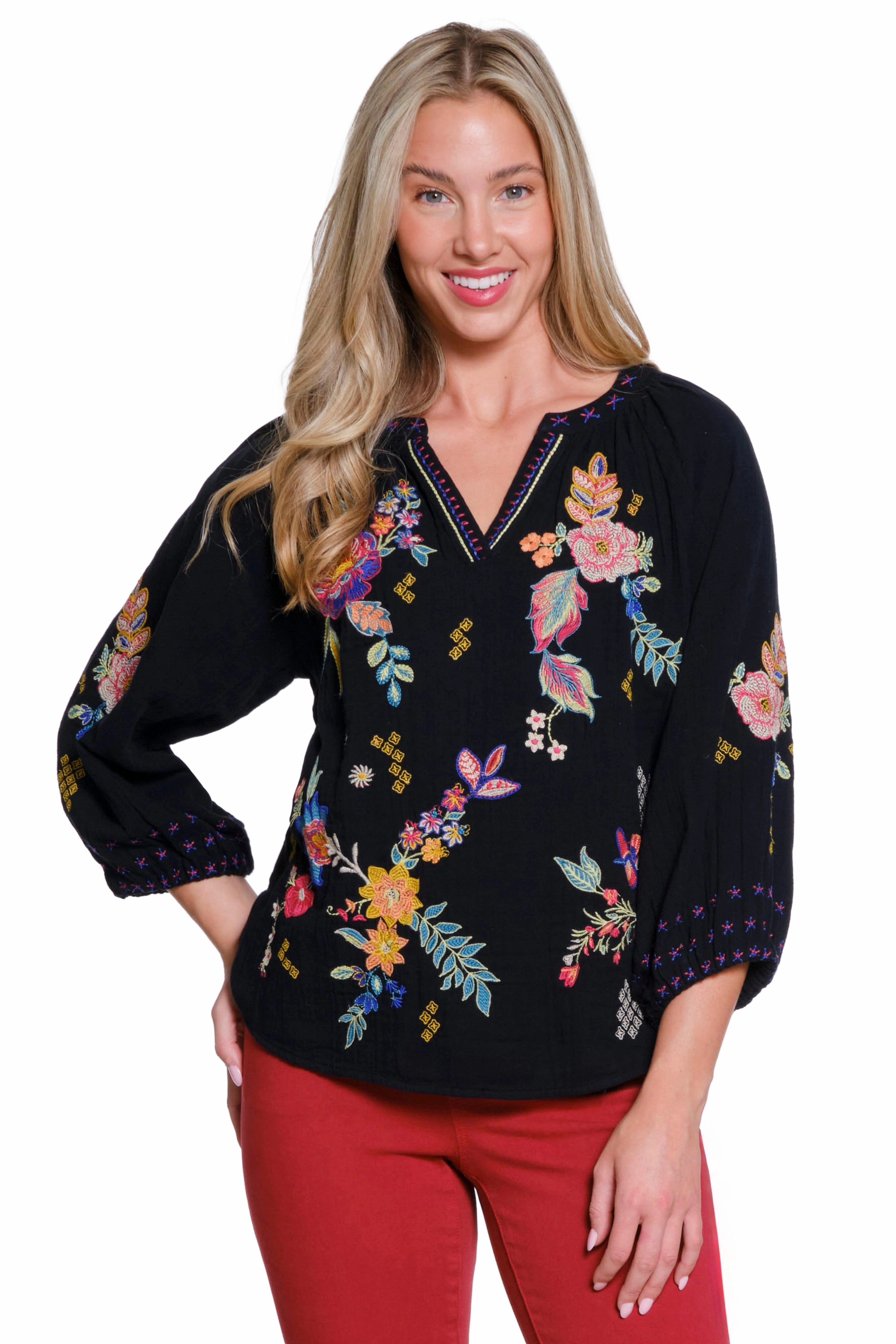 PreShrunk Fabric Embroidered Split Neck Top - Black