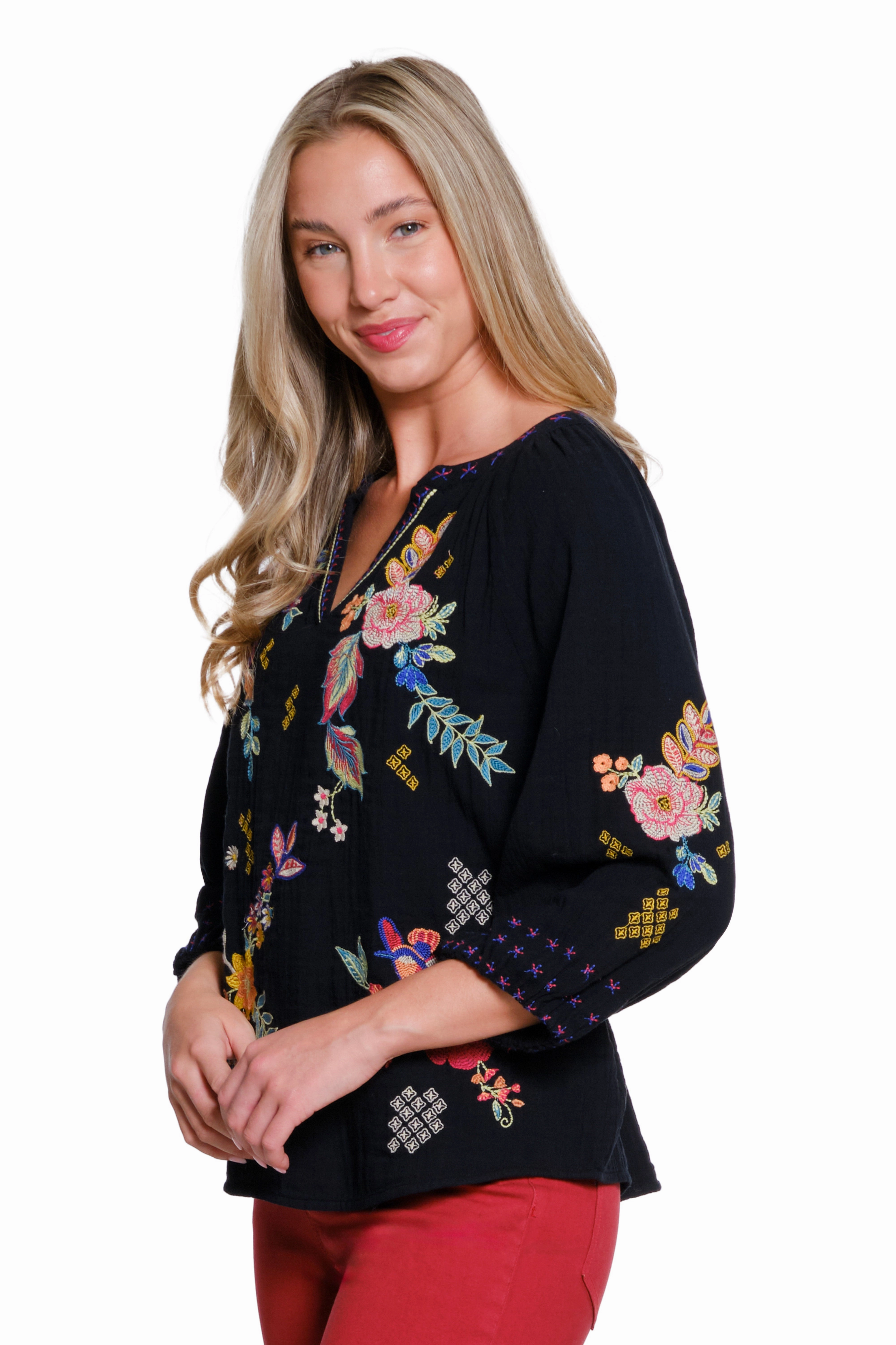 EasyCare Material Embroidered Split Neck Top - Black