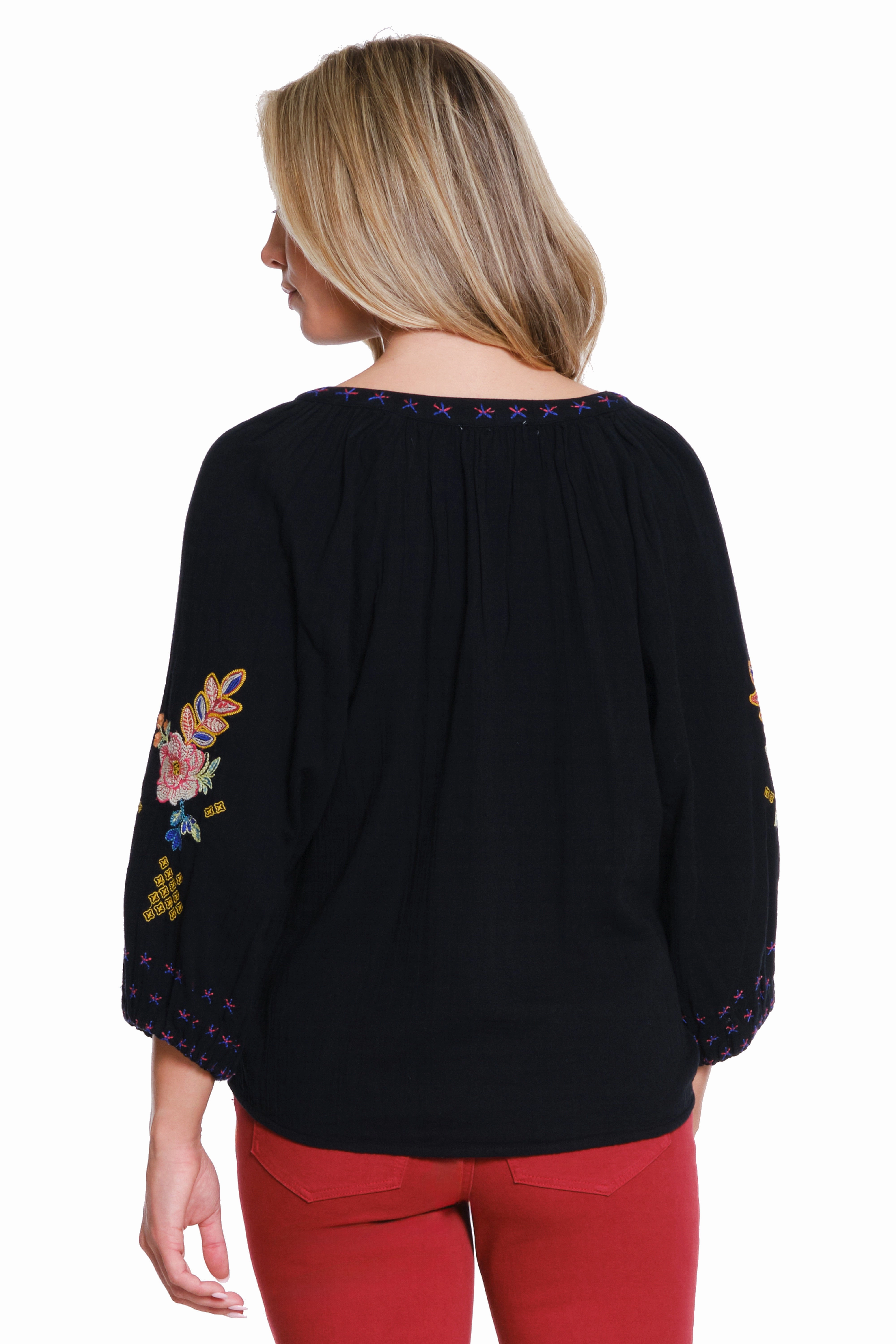 Embroidered Split Neck Top - Black Adjustable Cuff System Wide Shoulder Cut