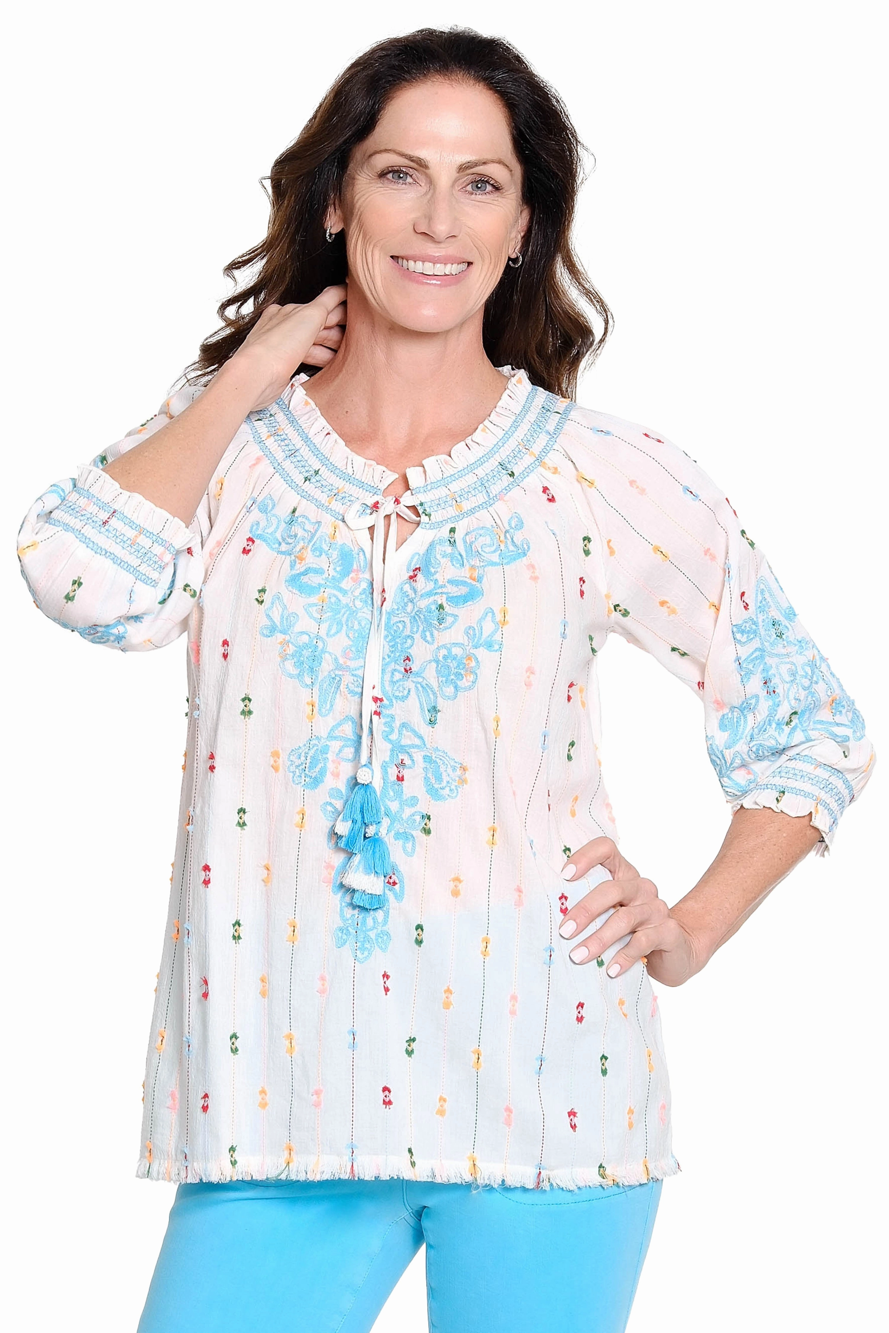 ButterSoftTexture Embroidered Striped Peasant Top - Multi