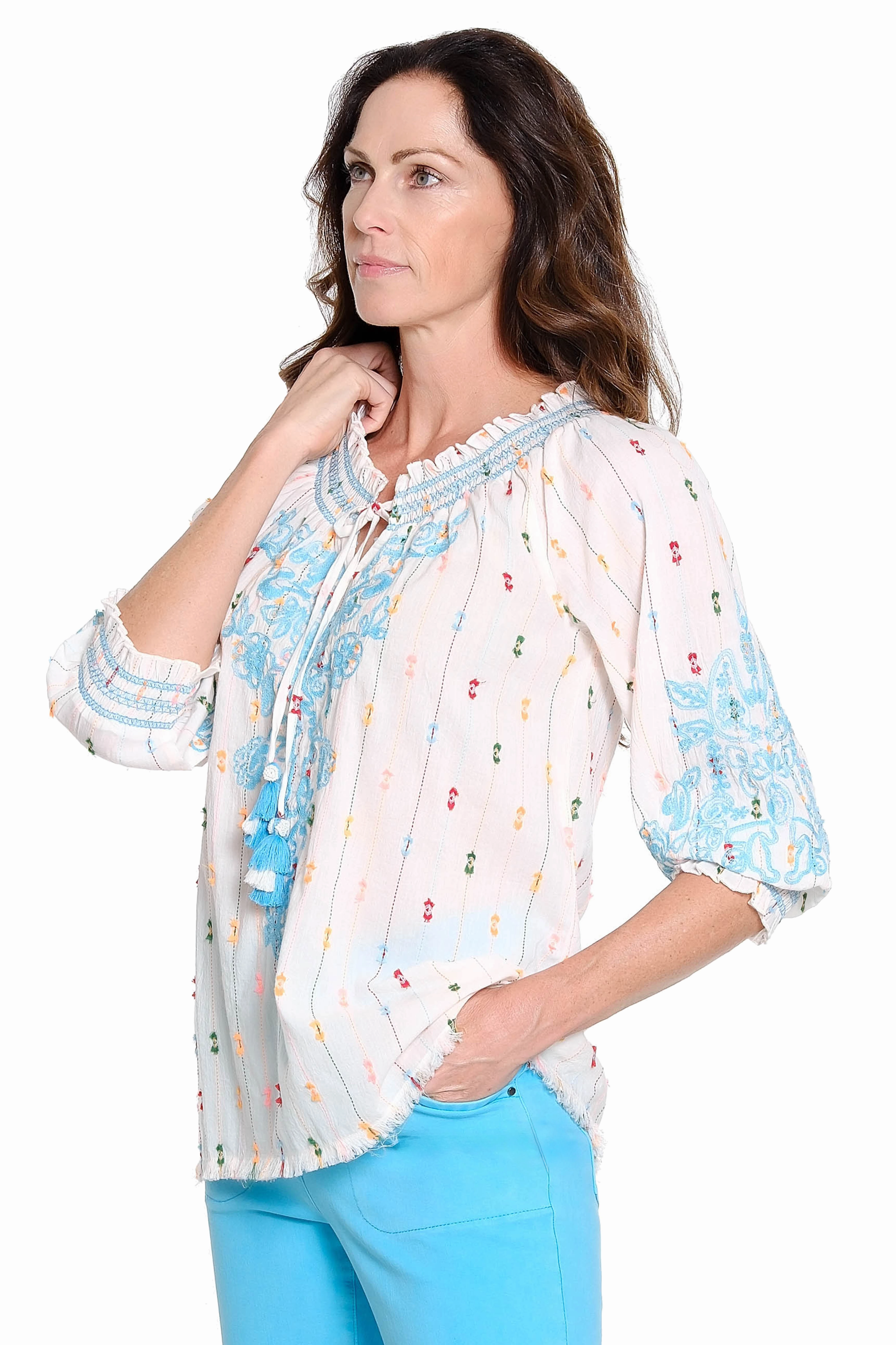 Embroidered Striped Peasant Top - Multi AntiPill Surface