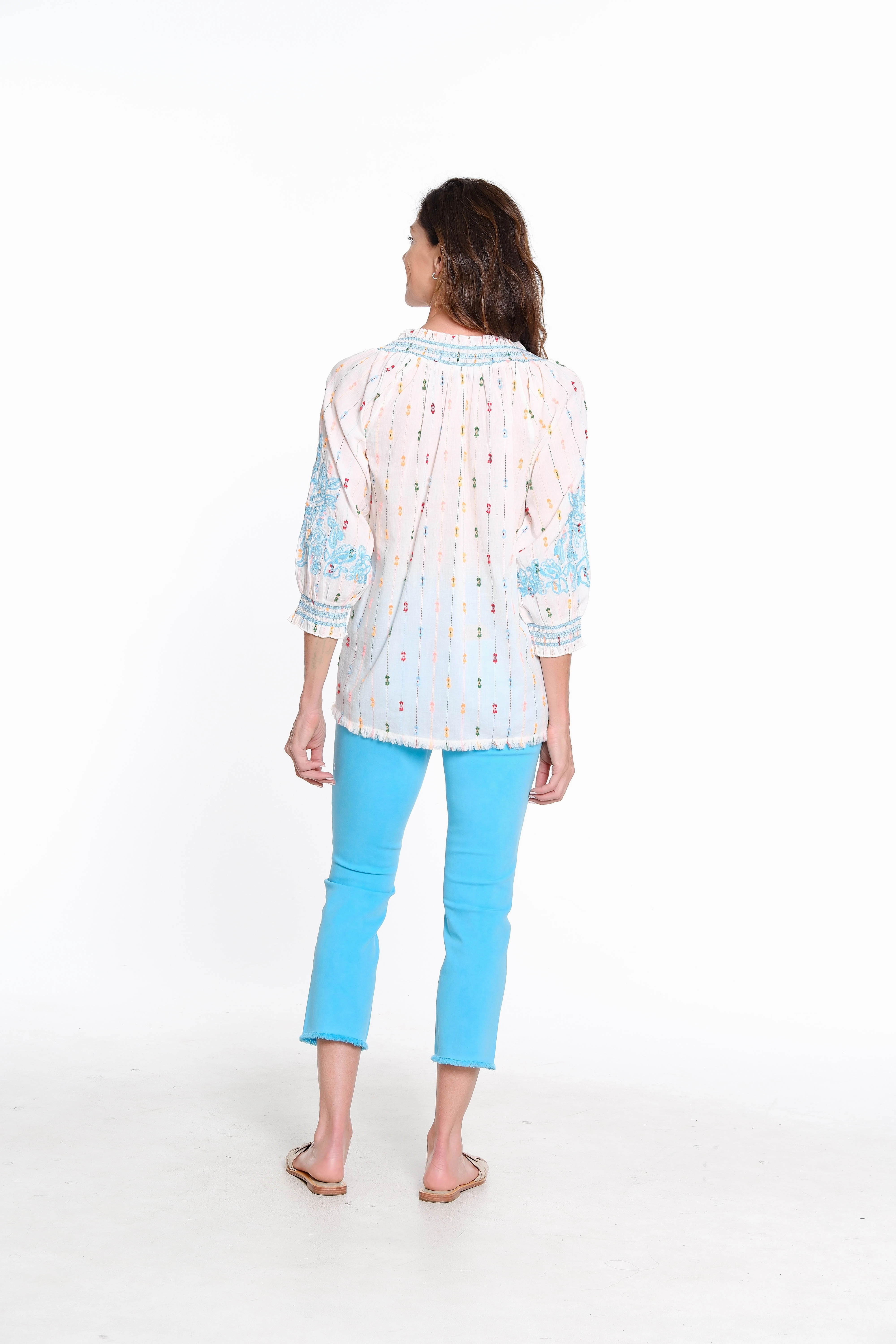 LayeringFriendly Weight Weighted Hem Embroidered Striped Peasant Top - Multi