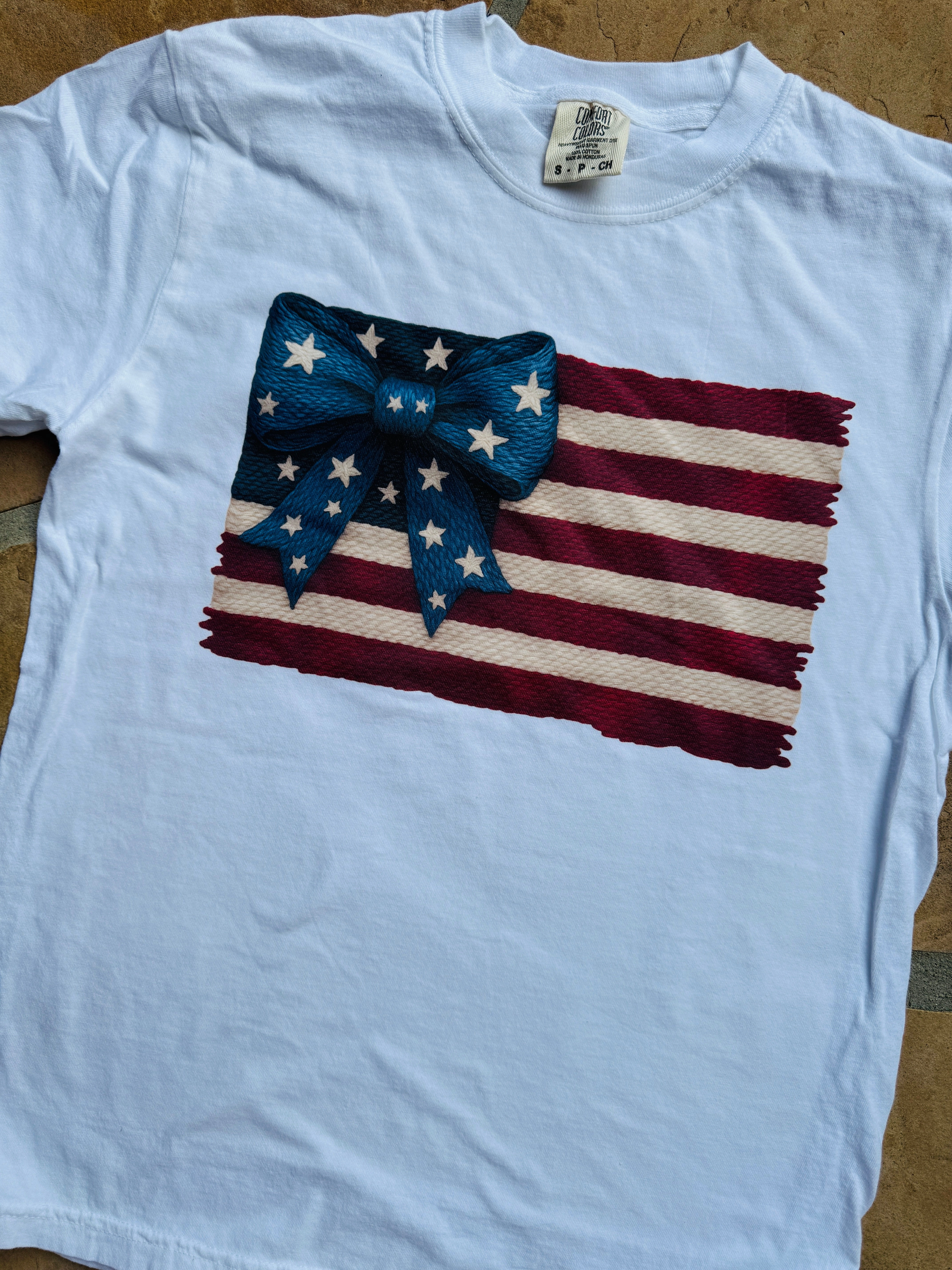 Embroidery Look American Flag Graphic Tee WindproofBarrierTechnology Minimalist Stitching