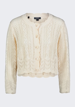 Stylish Knit Look Light Reflective Trim Emmanuelle Women's Scalloped Hem Open-Knit Cardigan, Parchment - SW0110P