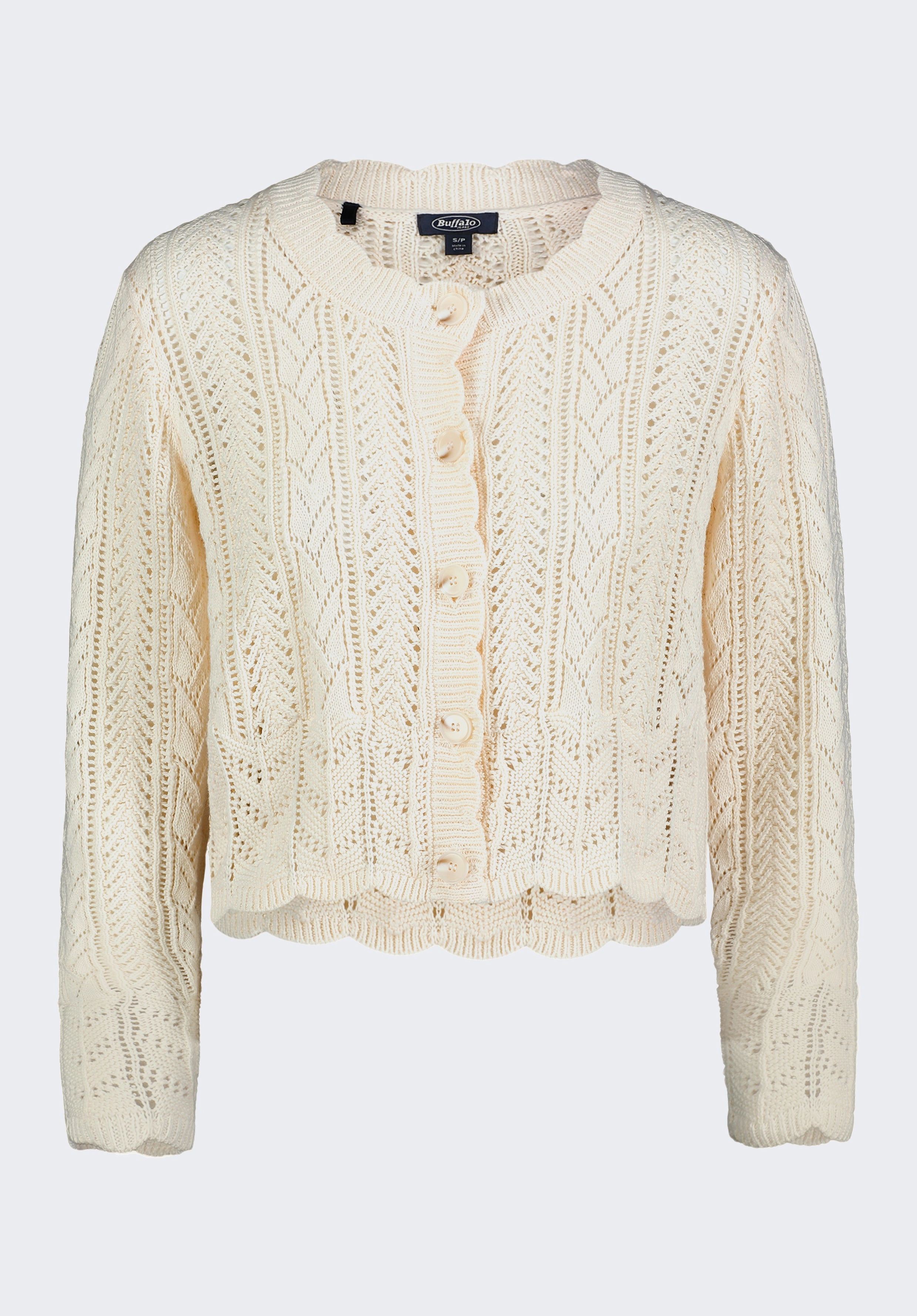 Quick Drying Technology Luxury Knit Emmanuelle Women's Scalloped Hem Open-Knit Cardigan, Parchment - SW0110P