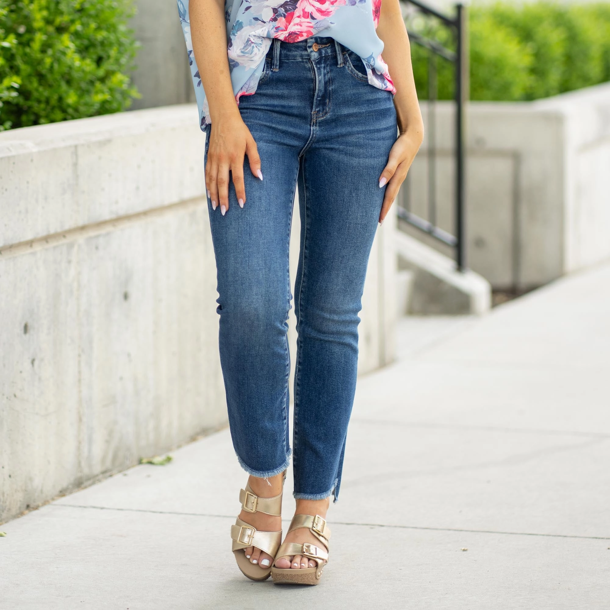 Encouragingly High Rise Raw Slant Hem Slim Straight Leg Fit and Comfort Always Fits