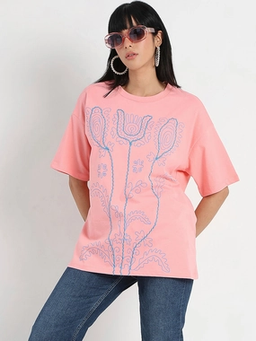 LaserCut Edges Hot Weather Madame Floral Print Oversize Fit  Peach Cotton T-shirt