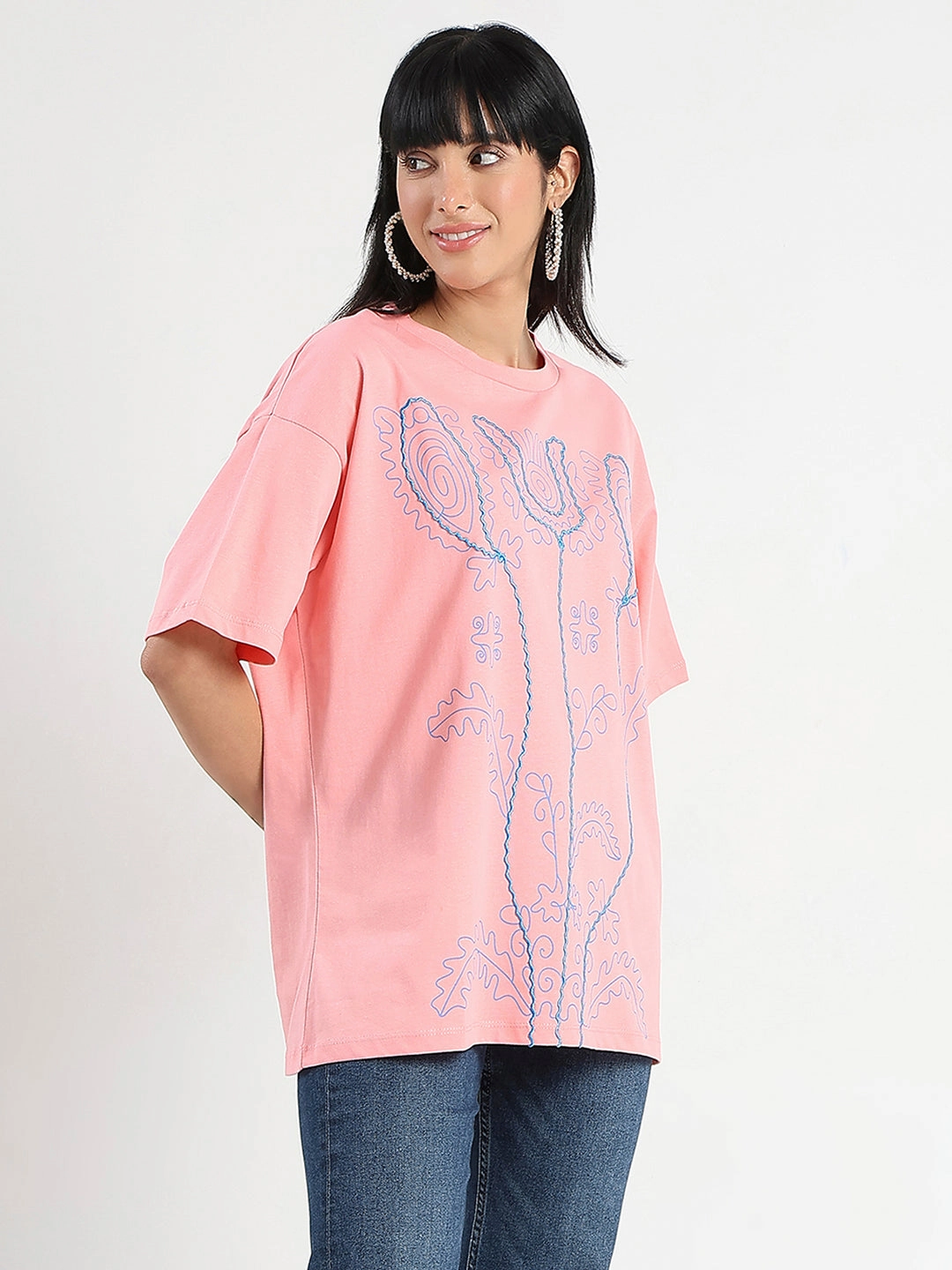 Madame Floral Print Oversize Fit  Peach Cotton T-shirt Durable Binding WrinkleFree Structure