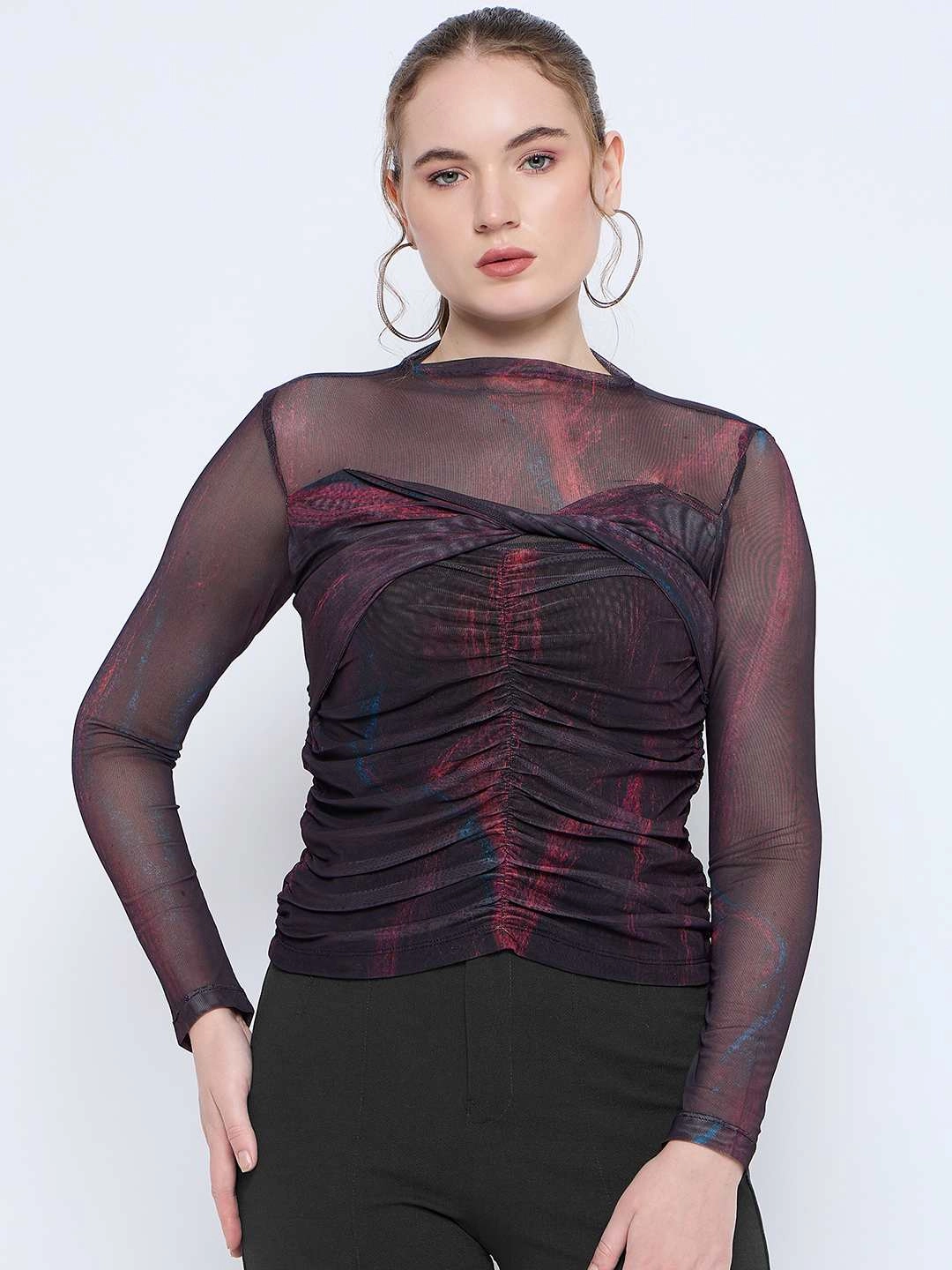 ZonalVentilation Madame Semi Sheer Abstract Print Centre Ruched Black Top