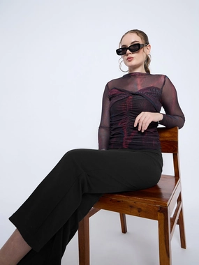 Ultra Soft Texture Madame Semi Sheer Abstract Print Centre Ruched Black Top