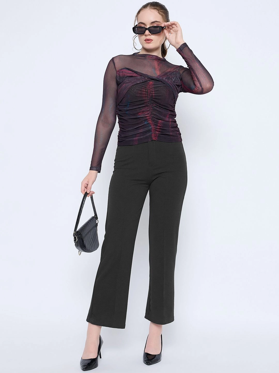 Non Restrictive Cut Madame Semi Sheer Abstract Print Centre Ruched Black Top