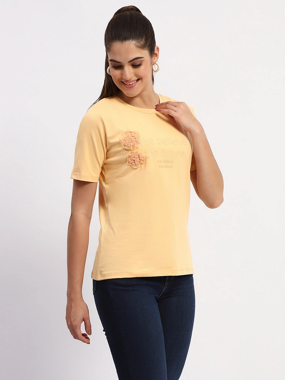 Ultraviolet Protection Finish Madame Sinker Handworked Graphic Print Round Neck Light Orange Top