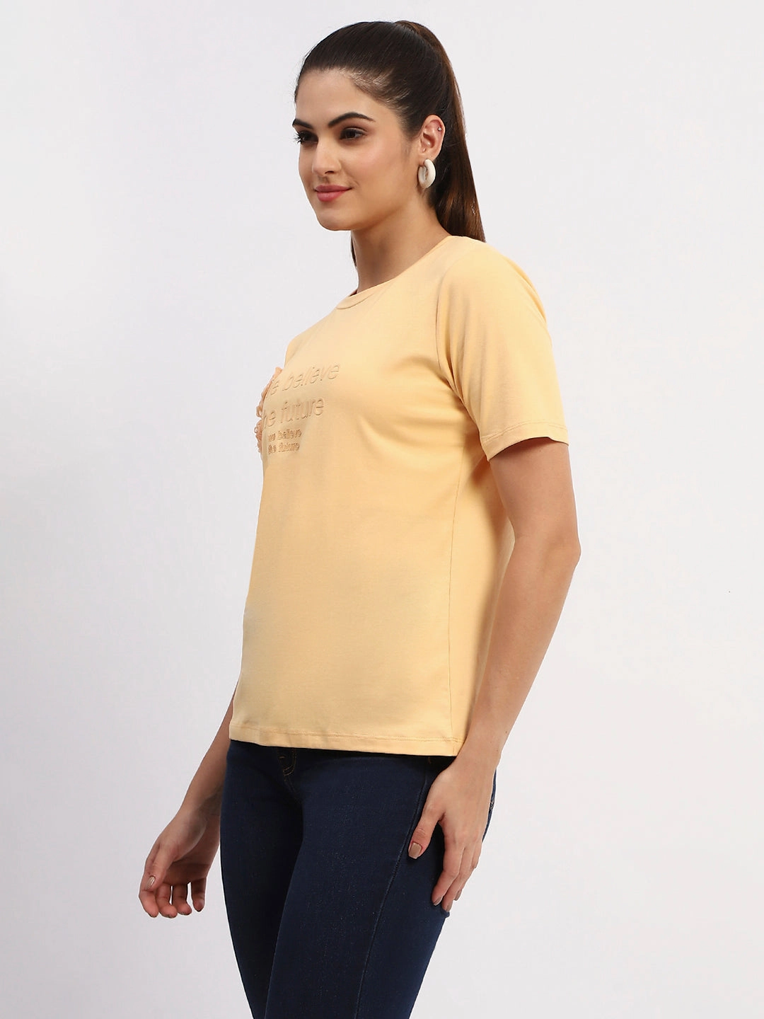 Madame Sinker Handworked Graphic Print Round Neck Light Orange Top QuickDry Technology StainResistantFinish