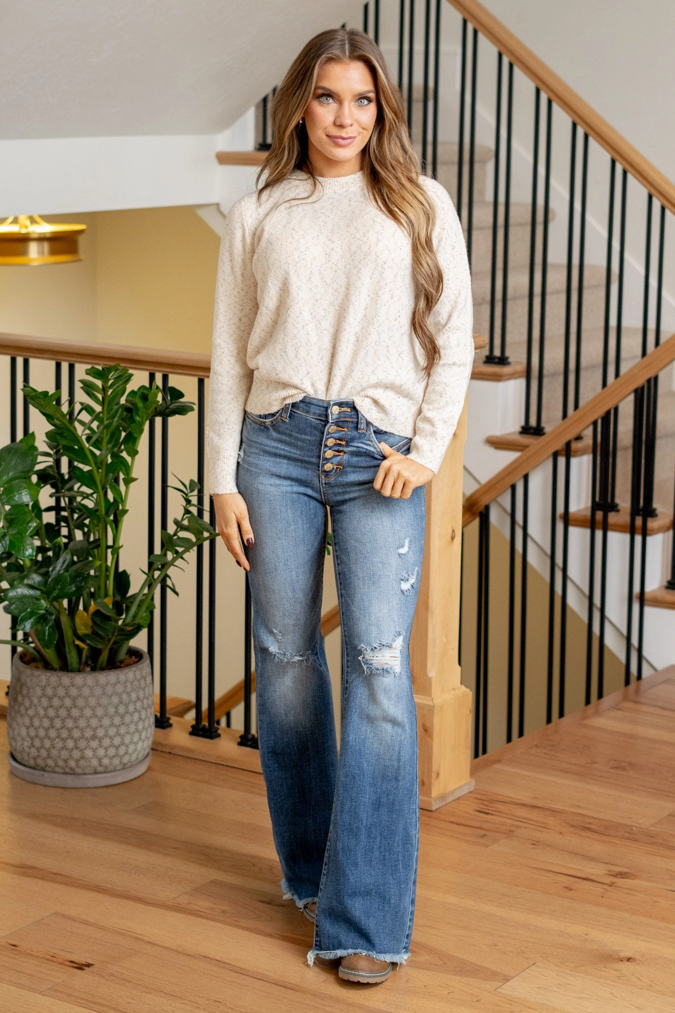 Neutral Look Rustic River Mid Rise Button Fly Flares Regular & Plus Sizes