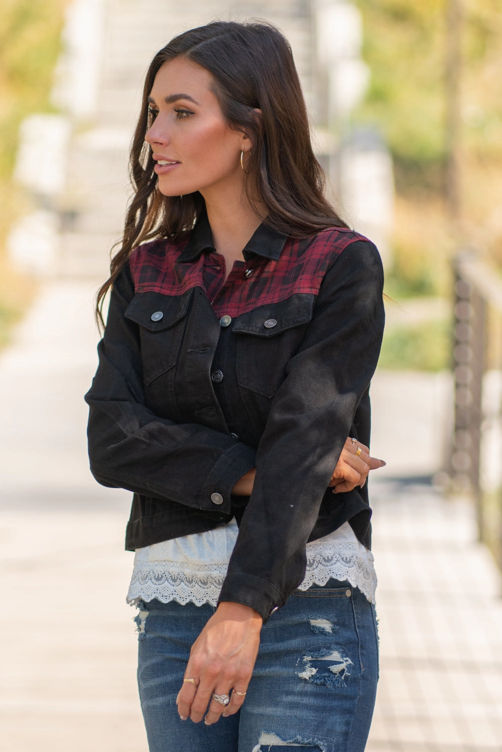 No Gap Waist Aspen Buffalo Plaid Denim Jacket