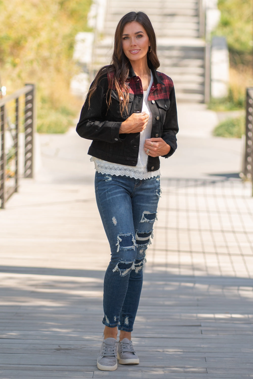 Breathable Weekend Warrior Travel Outfit Aspen Buffalo Plaid Denim Jacket