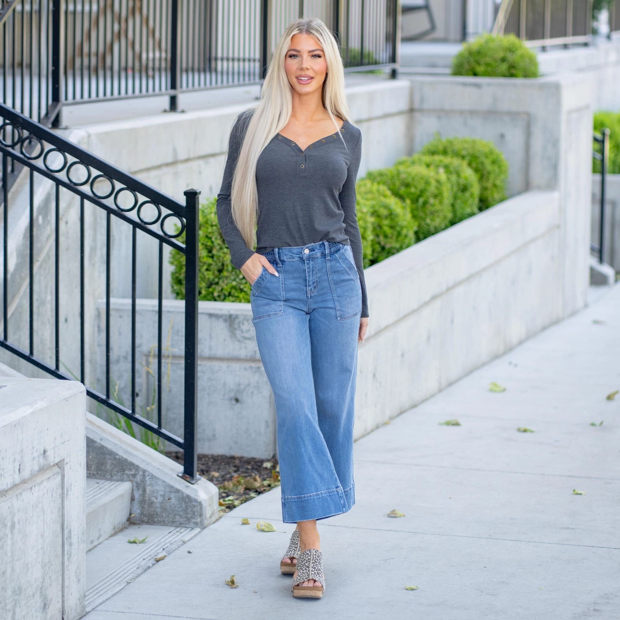 VERVET Fiorella High Rise Elastic Waistband Wide Leg Jeans Medium Blue Chic Design Fall Outfit