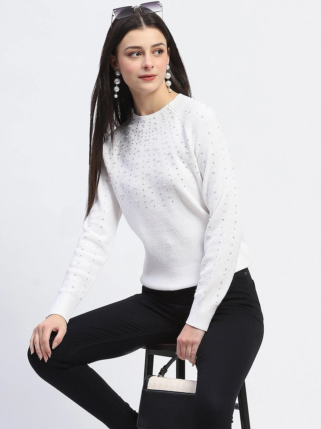 DoubleLayeredShoulders StaticResistant Material Madame Embellished Full Sleeve Off White Knitted Top