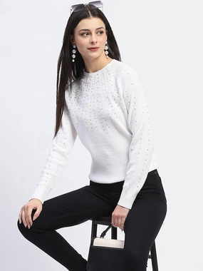 DoubleLayeredShoulders StaticResistant Material Madame Embellished Full Sleeve Off White Knitted Top