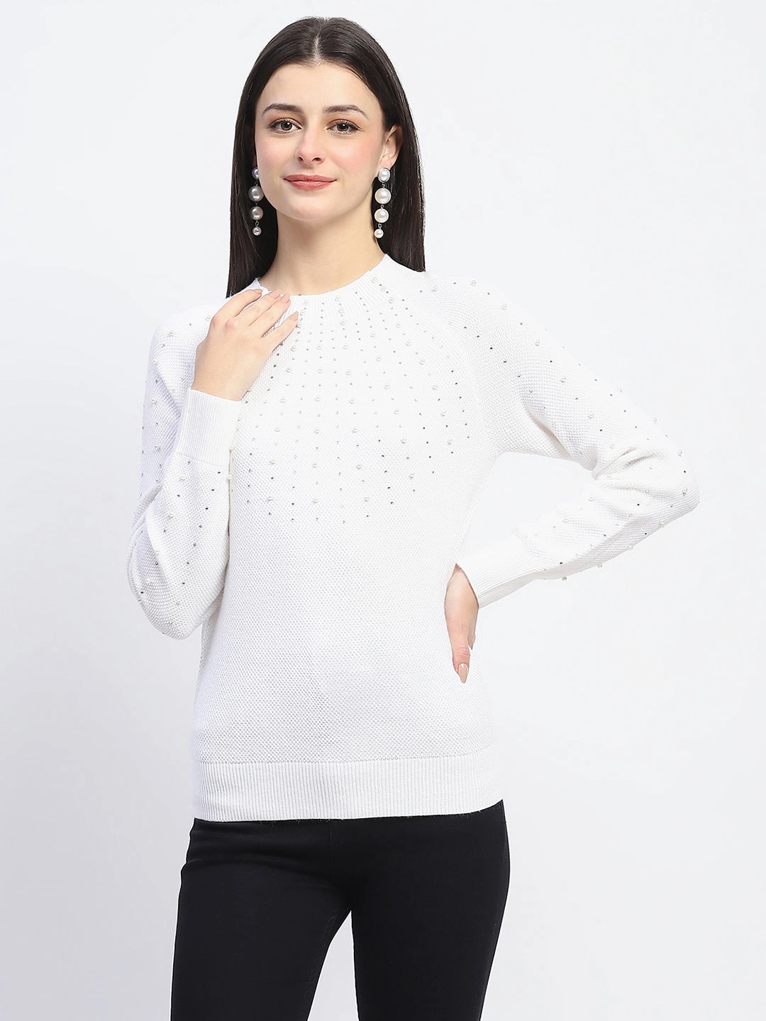 Recycled Polyester Blend Ventilated Panel Design Madame Embellished Full Sleeve Off White Knitted Top