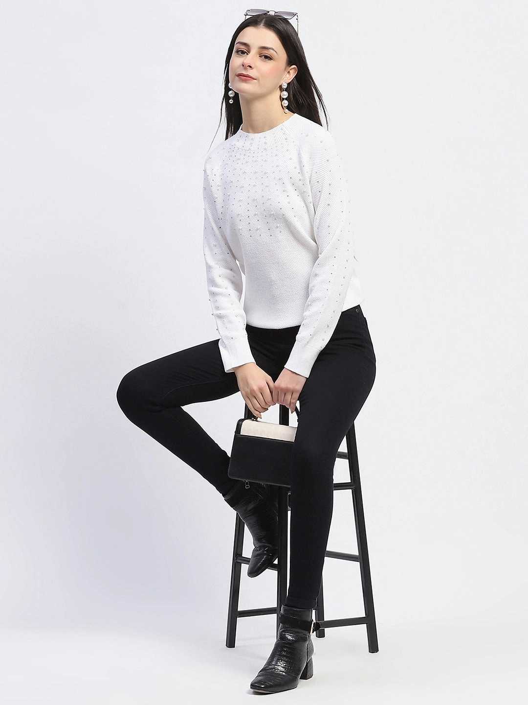 Easy Wear Madame Embellished Full Sleeve Off White Knitted Top