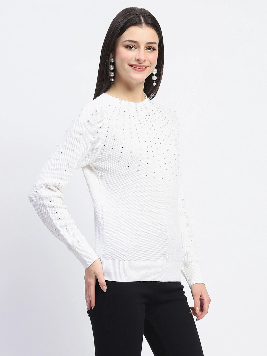 Summer Polo Reflective Trims Madame Embellished Full Sleeve Off White Knitted Top